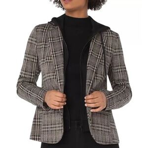 Black and Brown Plaid Blazer with removable hoodie for layered look